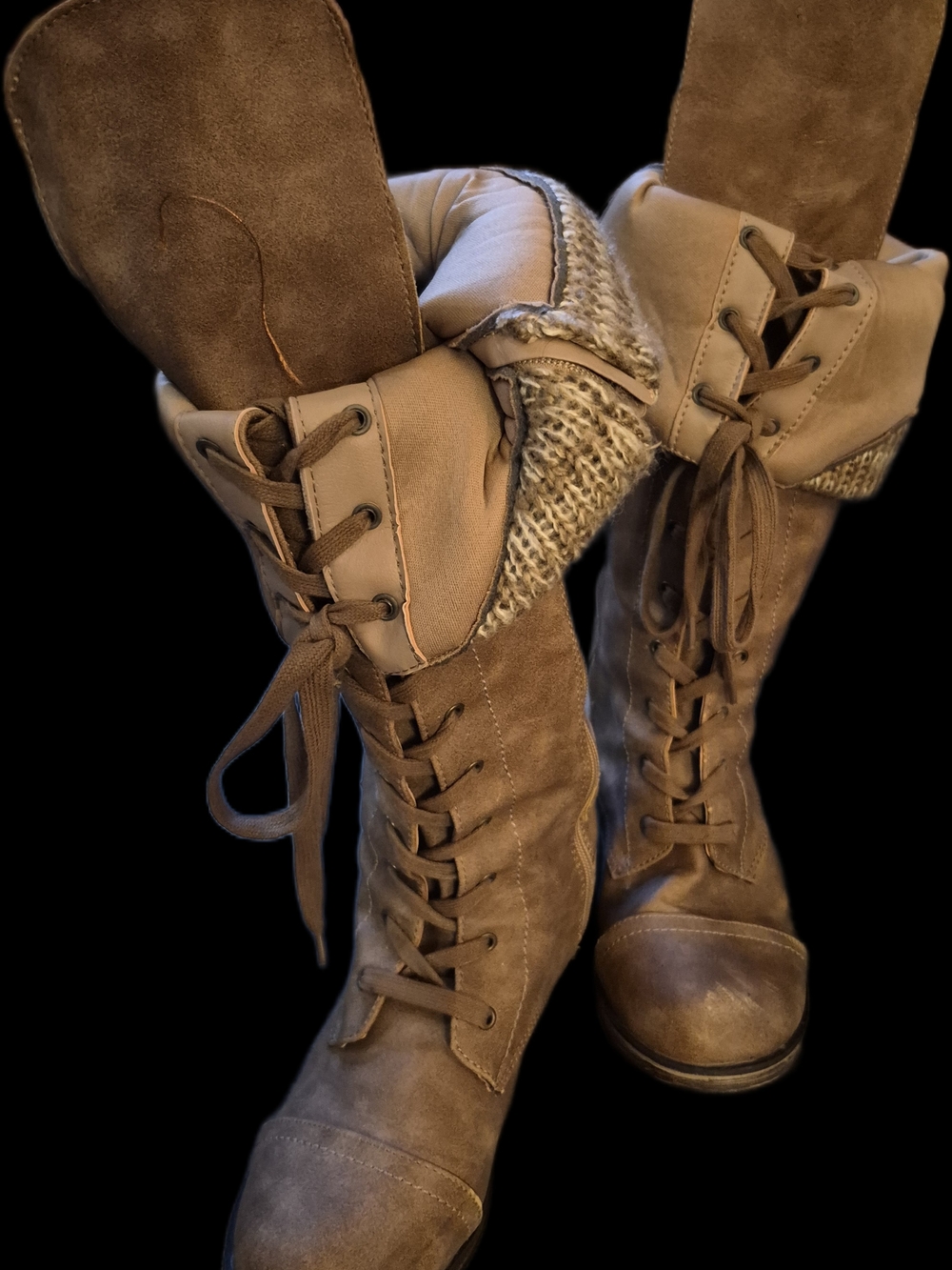Knee High Knit Cuff Riding Boots - Tan - Picture 4 of 4